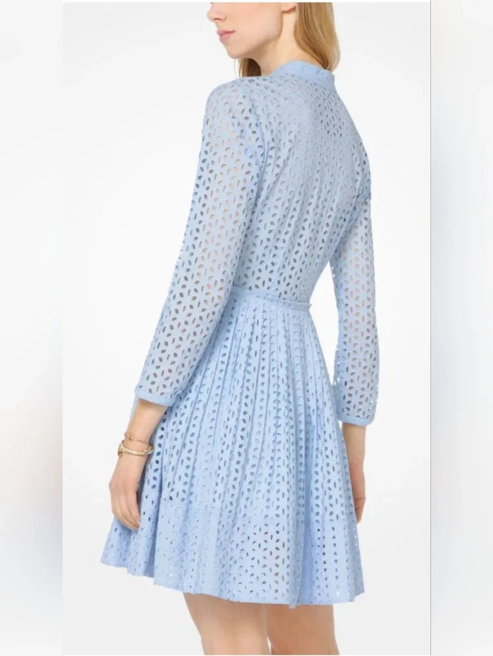 Michael Kors Light Blue Eyelet Long Sleeve Button Dress